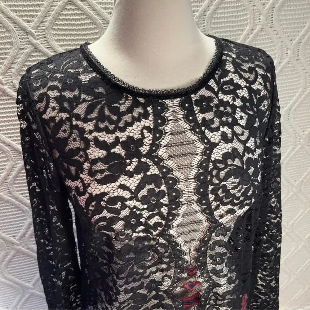 FREE‎ PEOPLE | Black Lace Embroidered Tunic Cut Out Back Sheer Top